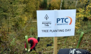 A sign that says Almighty Tree PCT Therapeutics Tree Planting Day