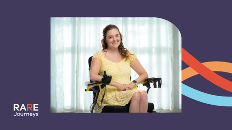 A thumbnail image for Rare Journeys featuring a woman in a yellow dress named Kailey who is living with Friedreich's ataxia.